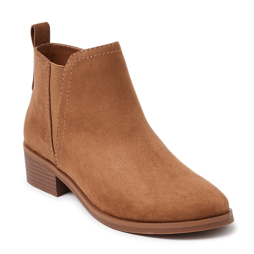 TIME AND TRU TAN BROWN FAUX SUEDE STRETCH ANKLE BOOTIE BOOTS MEMORY FOAM COGNAC